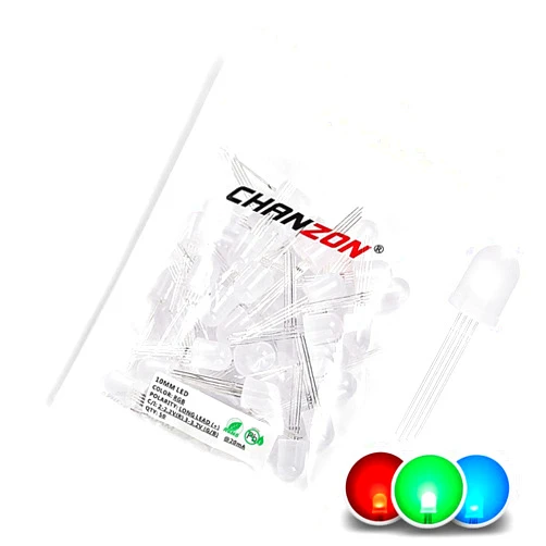 CHANZON 50 pcs 10mm RGB Multicolor Diffused LED Diode Lights Common Anode(Frosted Round 3 Color) 4 pin Bright Lighting Bulb Lamps Electronics Components Indicator Light Emitting Diodes