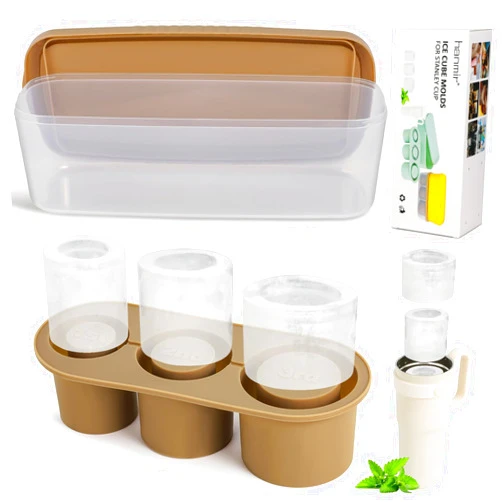 Hanmir Ice Cube Tray Compatible with Stanley Cup,Silicone Ice Cube Molds with Lid & Bin,3 Hollow Cylinder Ice Mold for Chilling Cocktails, Coffee,Ice Drink, Juice, Whiskey (Brown)