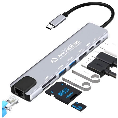 AnHome Smart Home AnHome USB C Hub Ethernet HDMI 4K Adapter, 8-in-1 Multiport Dock USB-C to RJ45 Ethernet USB 3.0 SD/TF Card Reader 87W PD Charging Port Dongle Compatible with MacBook Pro/Air and Type C Windows Laptop