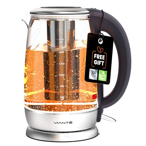 Vianté Electric Glass Tea Kettle with Removable Infuser. Hot tea infuser Pot for Loose Leaf & Bagged Tea. BPA-FREE. Stainless Steel & Borosilicate Glass. LED Illuminated. 1.7 Liters capacity.
