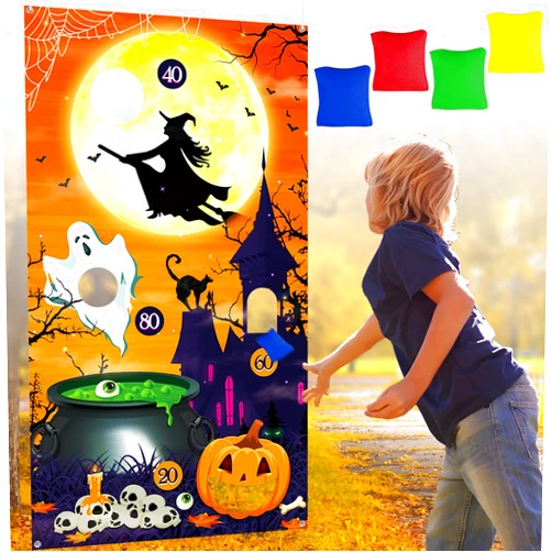 iPartycool Halloween Games, Halloween Games for Kids Party Adults, Halloween Bean Bags Toss Games Banner with 4 Big Bean Bags Halloween Party Games for Kids Teen Halloween Decorations Outdoor Indoor