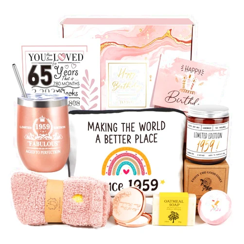Frerdui 65th Birthday Gifts for Women, 65th Birthday Ideas, Gifts for 65 Year Old Woman, 1959 Birthday Gifts, Best Cool 9 in 1 Gifts for 65 Year Old Women, Mom, Aunt, Grandma, Vintage 1959 Gift Baskets