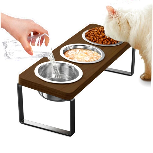 AKAOLA Elevated Cat Bowls with 3 Stainless Steel Bowls | 10° Tilted Anti-Vomiting Raised Cat Food Bowls for Small Cats and Puppies Pet Bowls with Stand（Walnut Color）