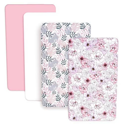 AMROSE 4 Pack Heavenly Soft Mini Crib Sheets, Microfiber Pack N Play Sheets Set for Baby Girls, Silk Touch Gentle Playard Sheet Portable Crib Sheet, Floral & Leaf