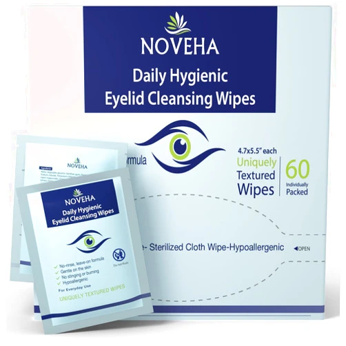 NOVEHA Daily Hygienic Eyelid & Lash Wipes | For Blepharitis & Itchy Eyes, Demodex | Box Of 60 Individually Wrapped Eyelash Wipes, Natural Makeup Remover & Daily Cleanser