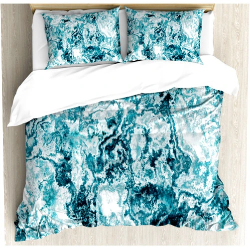 Ambesonne Marble Print Duvet Cover Set, Abstract Rock Texture Modern Retro Splashes Antique Dark Design, Decorative 3 Piece Bedding Set with 2 Pillow Shams, Queen Size, Jade Green Teal White