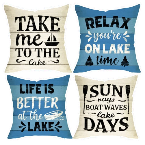 FBCOO Life is Better at The Lake House Decorative 18x18 Throw Pillow Cover Set of 4, Lakehouse Retro Paddle Boat Decoration, Summer Farmhouse Pillowcase Cushion Case Home Decor for Sofa Couch