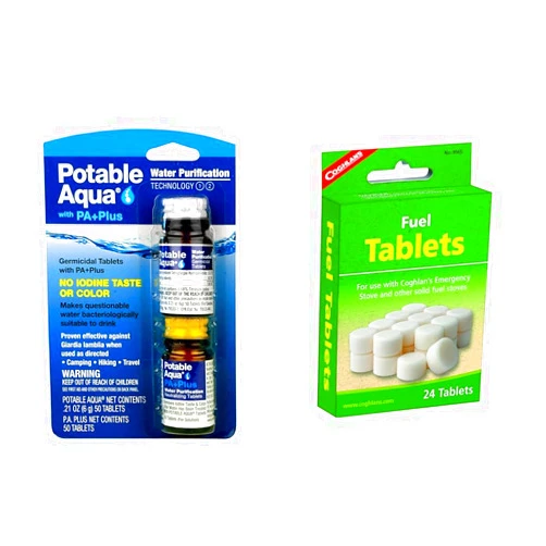 Potable Aqua Water Purification Tablets 2-50ct Bottles and Coghlan's Fuel Stove Tablets 24-Count