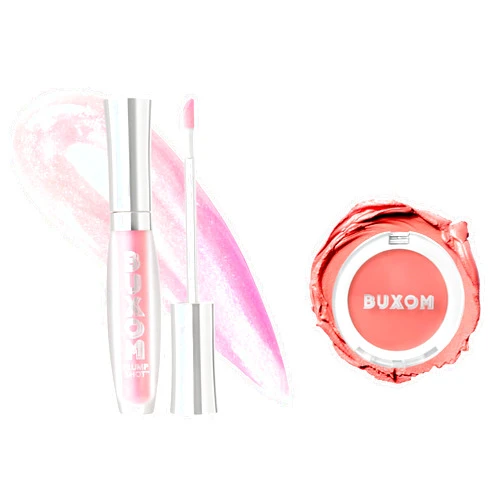 Buxom Plump Shot Collagen-Infused Lip Serum in Spellbound Pink Multichrome + Plump Shot Collagen Peptides Plumping Cream Blush, Cream-to-Powder Blush in shade Coral Sheer