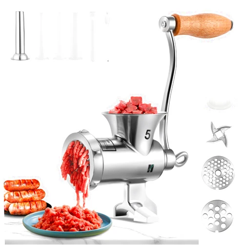 Huanyu Stainless Steel Meat Grinder Manual with Table Clamp Sausage Stuffer Food Mill Hand Crank for Chicken,Beef,Small Bone,Chili HZ-5