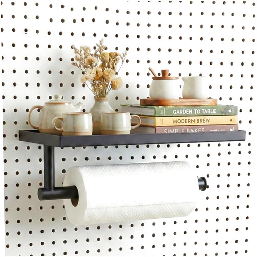 SSNEWOG Pegboard Paper Towel Holder with Shelf, Garage Paper Towel Holder, Heavy Duty Peg Board Accessory for Garage, Workbench, Laundry or Craft Room Organization (1 Pack, Black)