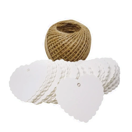 Honbay 100PCS Kraft Paper Blank Heart Tags with 100 Feet Jute Twine for DIY Crafts & Price Tags (White)