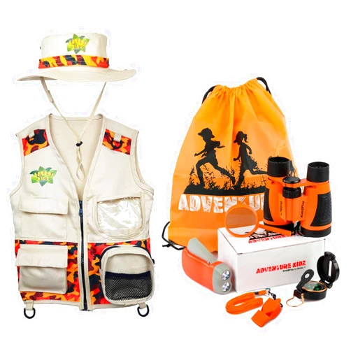 Kidz@Play Adventure Kidz Outdoor Explorer Kit - Orange Adventure Kit and Vest and Hat Bundle, 9 Items
