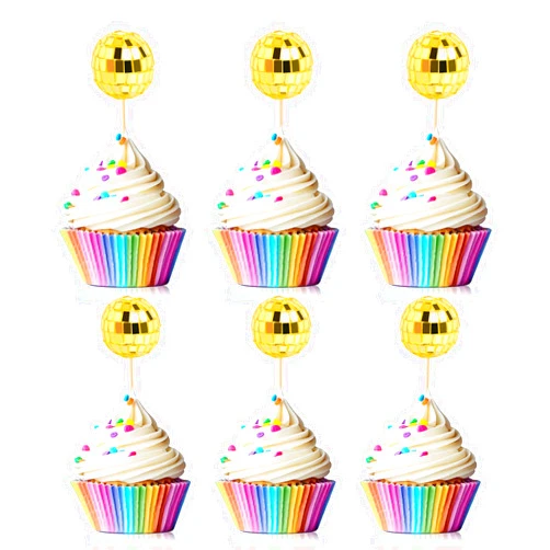 Hengmerry 24 PCS Gold Disco Ball Cupcake Toppers Disco Ball Cupcake Picks Reflective Mirror Ball Cake Toppers Disco Table Decorations for 70s Disco Theme Birthday Party Christmas Decorations
