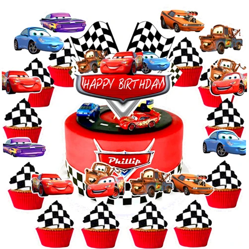 MLEDUY Cars Birthday Party Supplies - 25PCS Cars Party Favors Double Side Print Cake Toppers & Cupcake topper for Cars Party Decorations