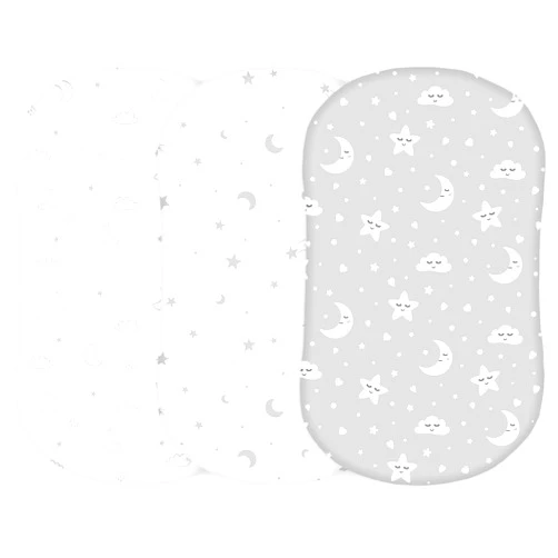 TANSY PANDA TansyPanda Bassinet Sheets for Halo Bassinest Swivel, Flex, Glide, Premiere and Luxe Series Sleeper, Pack of 3, 33 X 17 Inch, Ultra Soft, Snug Fit, Unisex Boys Girls, Gray White (Moon, Stars, Clouds)