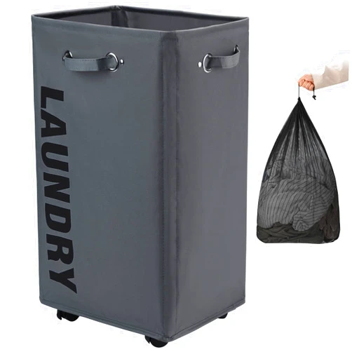 DOKEHOM 29-Inches X-Large Laundry Basket with Removable Wash Bag on Wheels, Collapsible Rolling Laundry Hamper, Foldable Clothes Organizer, Folding Washing Bin (Dark Grey)