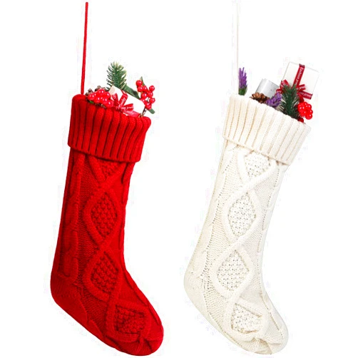 Free Yoka Cable Knit Christmas Stockings Kits Solid Color White and Red Classic Decorations 18