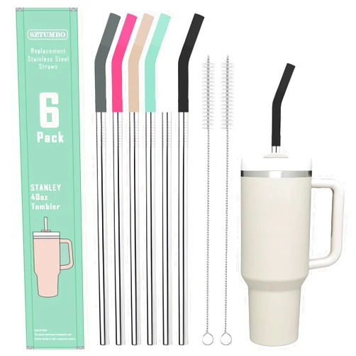 Sztumbo 6 PCS 12Inch Metal Stainless Steel Reusable Straight Straw,with 6 Silicone Flex Tips and 2 Cleaning Brush,for 40oz Stanley, Hydrapeak, Owala Tumbler,Simple Modern 32 40oz Tumbler(8mm Silver)