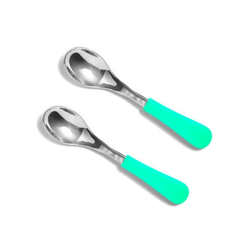 Avanchy Baby Spoons, Forks Stainless Steel and Silicone Set, Self Feeding Food Utensils, 4 Months Baby Led Weaning
