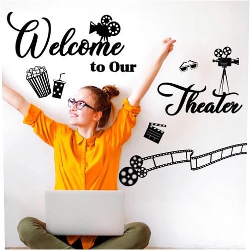 SUPERDANT Theater Wall Decals Welcome to Our Theater Wall Stickers Cinema Art Decor Removable Vinyl Murals Decor Black Adhesive Sticker for Movie Cinema Decoration