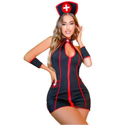 WDIRARA Women's 3 Piece Set Colorblock Halter Cut Out Lingerie Set Bow Back Nurse Costume Set