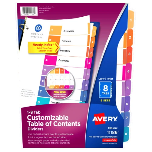Avery 8 Tab Dividers for 3 Ring Binders, Customizable Table of Contents, Multicolor Tabs, 6 Sets (11186)