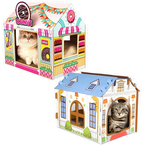 Sekam Cardboard Cat House with Scratcher/Catnip, Cat Play House for Indoor Cats Bundle