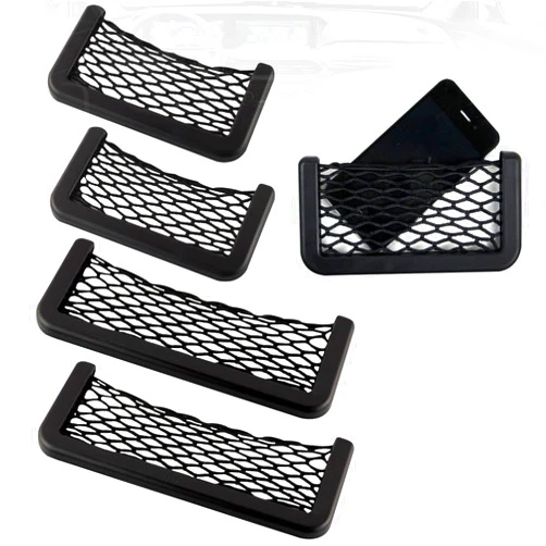 Syihah 4PCS Car Net Pocket Mesh, Universal Car Seat Side Storage Back Net, Stick on Car String Bag Automotive Net Interior Accessories for Purse Phone Holder (Black, 2 Sizes)