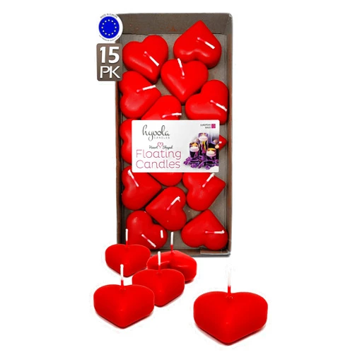 HYOOLA Premium Red Heart Floating Candles - Love Shaped Candles - 1.8 Inch - 2 Hour - 15 Pack - European Made