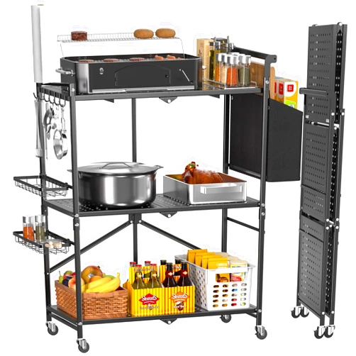 DTUQYX Rolling Kitchen Cart with Baskets: 3-Tier Microwave Stand Carts with Wheels, Kitchen Storage Rack, Foldable Outdoor Grill Cart, Utility Cart, Kitchen Island Serving Cart for Home,Camping