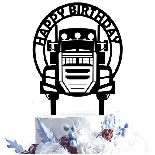 Xoxwolyw Heavy Truck Happy Birthday Cake Topper - Cake Topper with Black Silhouette of Heavy Truck for Boy's Men's Birthday Party Decor