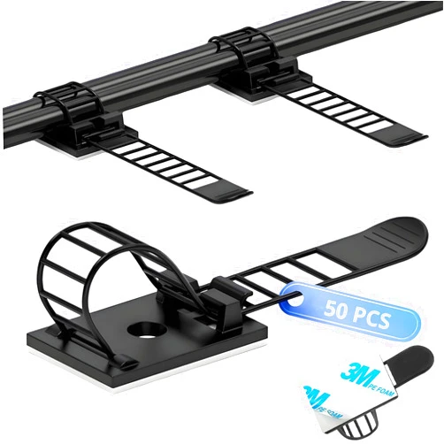SZFUDIGO Adjustable 3M Adhesive Cable Management Clips 50Pcs, Large self Adhesive Cable Ties Clips ，Suitable for Cable Management Under desks and on Walls(Black)