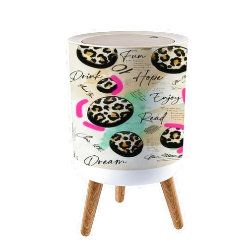 LGCZNWDFHTZ Small Trash Can with Lid for Bathroom Kitchen Office Diaper writing pattern brown leopard skin pattern circle text stripes around Bedroom Garbage Trash Bin Dog Proof Waste Basket Cute Decorative