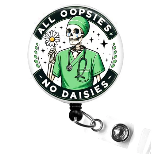 SCRAPHEART All Oopsies No Daisies Skeleton Retractable Badge ID Holder, Funny RN Badge Reel Swivel Clip, Medical Humor Nurse Badge Holder, All Oopsies No Daisies Skeleton in Scrubs Badge Reel, Hospital Badge