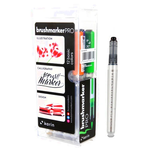 Karin Marker Karin Brushmarker Pro 12pc Basic Colors brush tip markers Set, Blendable, Water-Based, Brush Markers for Adults and Artists, 11 Colors + Colorless Blender, Adult Markers for Coloring Books and more