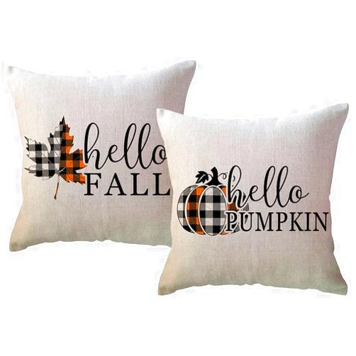 ULOVE LOVE YOURSELF Hello Fall Throw Pillow Covers Buffalo Plaid Check Pumpkin/Maple Leaves Farmhouse Decorative Cushion Cover 18x18 Set of 2 for Sofa/Couch/Porch