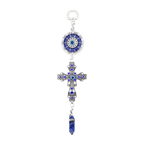 LUCKBOOSTIUM Blue Crystal Inlayed Cross & Blue Mandala Evil Eye Amulet w/Hanging Healing Stone - Nature, Energy, Rebirth, Growth Charms - Car & Home Charm Ornament (2
