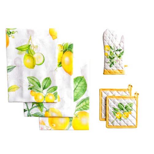 Maison d' Hermine Limoncello Bundle Set 100% Cotton Set of 3 Kitchen Towels (20 Inch by 27.5 Inch) and Oven Mitt (7.5 Inch by 13 Inch)/Set of 2 Pot Holder (8 Inch by 8 Inch)