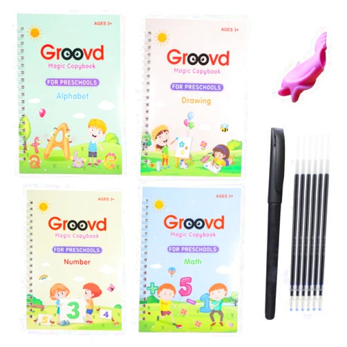 Groovd Children's Magic Copybooks - Reusable Grooved Writing Books for Kids - Handwriting Practice Workbooks, Calligraphy Learning Kit & Tracing Tools Set, 4 Books with Pen & Ink Refills (Ages 3-8)