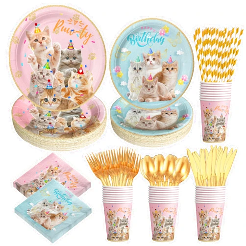 SKEPHWSKA 192 Pcs Cat Birthday Party Supplies Cat Party Decorations Kitten Birthday Party Decorations Include Cat Themed Plates, Napkins, Cups, Cutlery, Straws for 24 Guests, Disposable Party Dessert Tableware