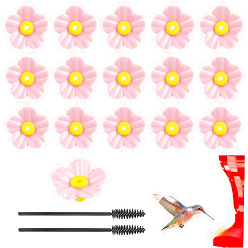 Salbsever 16 Pieces Hummingbird Feeders Replacement Flowers with 2 PCS Brush Pink Pet Replacement Bird Feeder Replacement Parts Feeding Ports Bee Guards for Hummingbird Feeders for Outdoors Hanging Feeder
