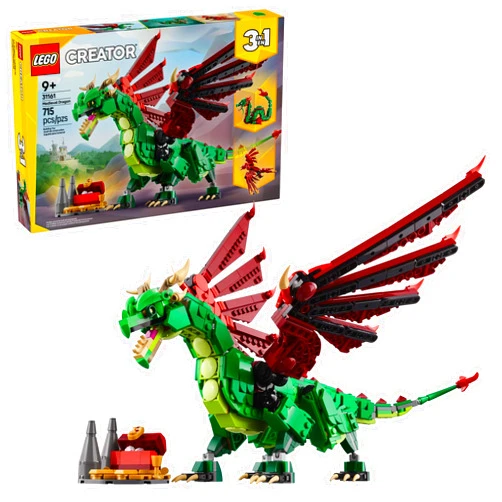 LEGO Creator 3 in 1 Medieval Dragon Toy - Building Toy with 3 Build Options, Dragon, Sea Serpent, or Phoenix - Fantasy Set for Kids, Boys and Girls, Ages 9+ - Gift Idea for Birthdays - 31161