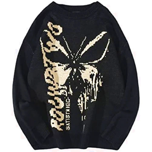 Ponitrack Y2K Hip Hop Knit Sweater Grunge Butterfly Oversized Streetwear Goth Pullover Sweater Aesthetic Streetwear