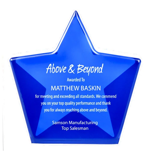 Baudville Engraved Trophy - Blue Acrylic- Star Shape Award for Employees - Personalized Engraving Up To Three Lines and Pre-Written Verse Selection - Comes In Gift Box
