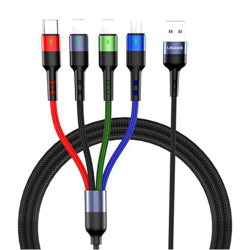 USAMS Multi Charging Cable USAMS 2Pack 4FT 4 in 1 Nylon Braided USB Fast Charging Cord Adapter Type C Micro Port Compatible Cell Phones Tablets and More