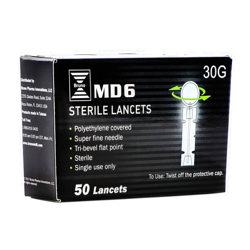 BRUNO MD Lancets for Diabetics 30 Gauge (50 Count Box) | Sterile, Ultra-Fine Needle, Tri-Bevel Tip and Twist Top Protector Cap | Diabetes Lancet for MD6 Blood Sugar Lancing Device and Monitor