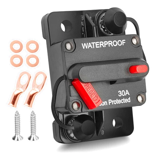 RED WOLF Car Circuit Breaker 30A AMP w/Manual Reset Switch Inline Fuse Holder Inverter 12V-48V DC for Motor Trolling Vehicles Audio Radio Solar System Protection with Wire Lugs Copper Washer Screws