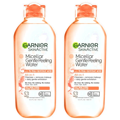 Garnier SkinActive Gentle Peeling Micellar Water with 1% PHA and Glycolic Acid, Face Exfoliant, Facial Cleanser and Makeup Remover, 2 Pack