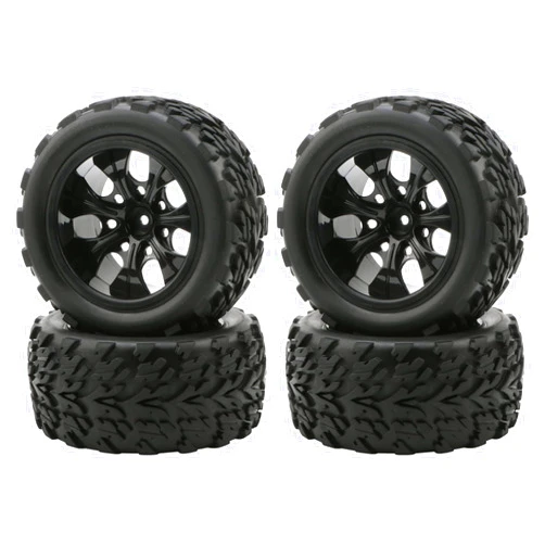 JIUWU 1:10 RC Monster Truck Car Wheel and Tires 1/10 Scale Off-Road Tires with 7 Spokes Wheel Rim Black RC Parts Pack of 4